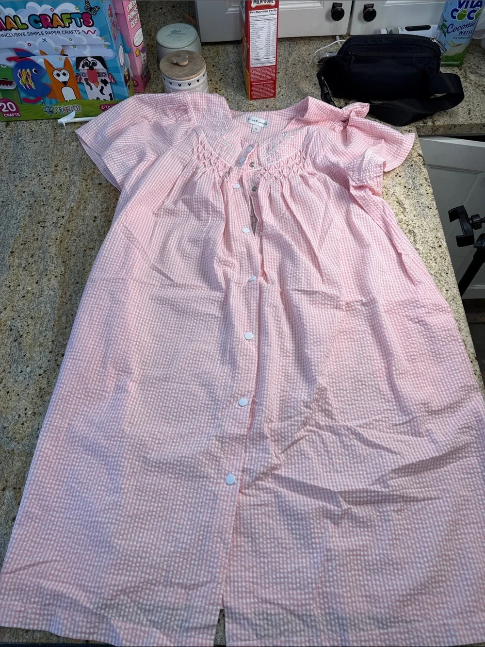Miss Elaine Pink Seersucker Button-Front Nightgown - Picture 1 of 5